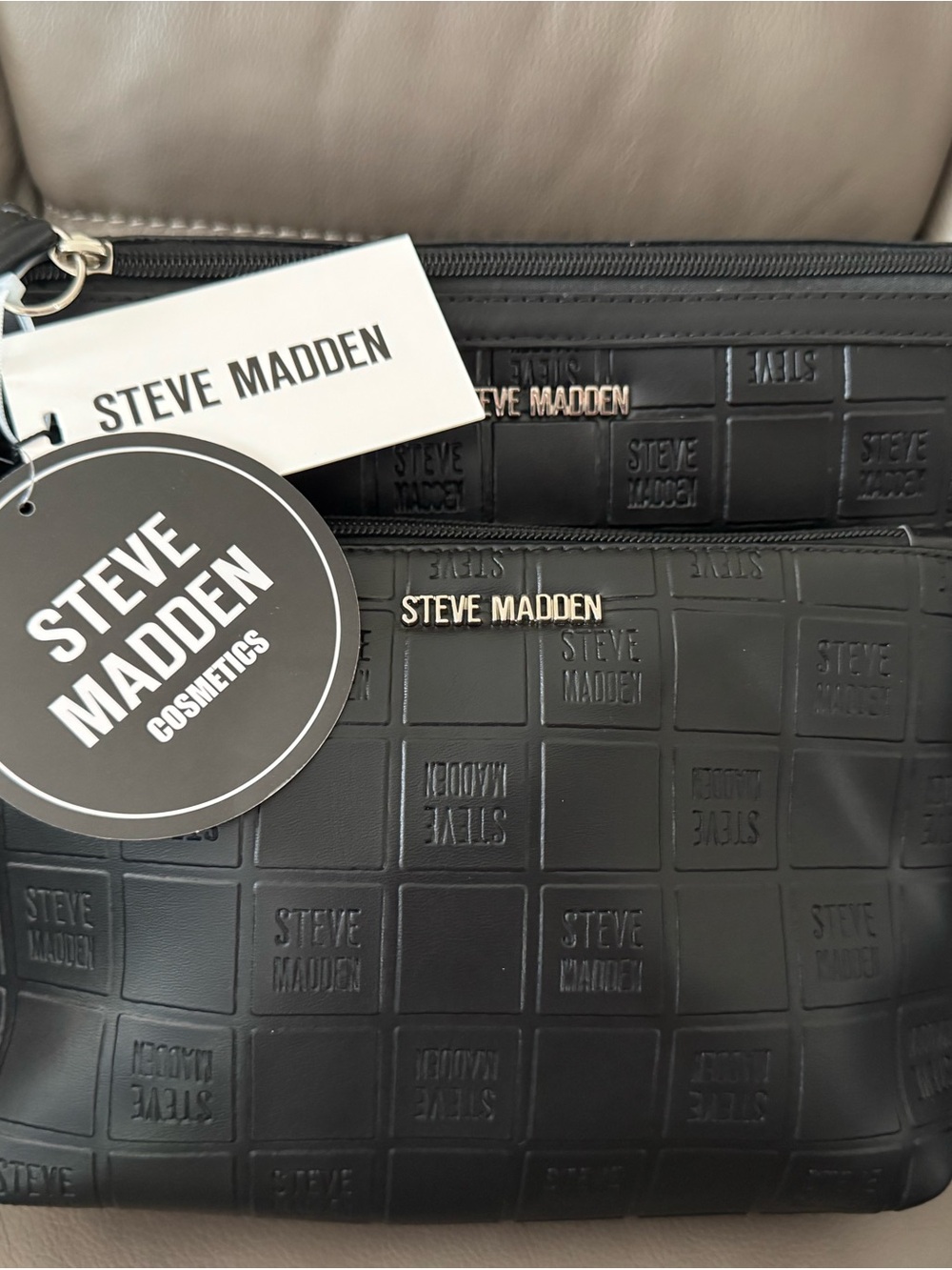 Steve Madden Black Embossed Toiletry Bag with Branded Hardware